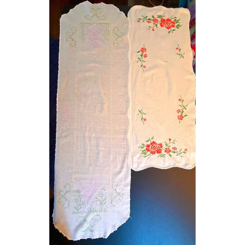 Vintage Hand Embroidered‎ Table Runner Set Floral Cross Stitch White Linen 2pc